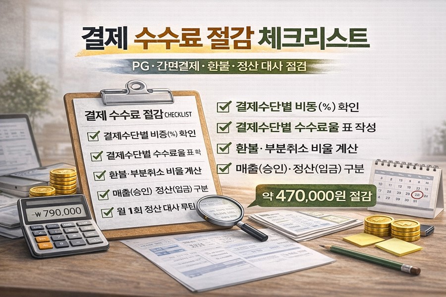 PG 수수료와 간편결제 수수료, 환불&middot;부분취소 비율, 정산 대사 루틴을 점검해 결제 비용을 줄이는 실전 체크리스트를 정리한 인포그래픽입니다.