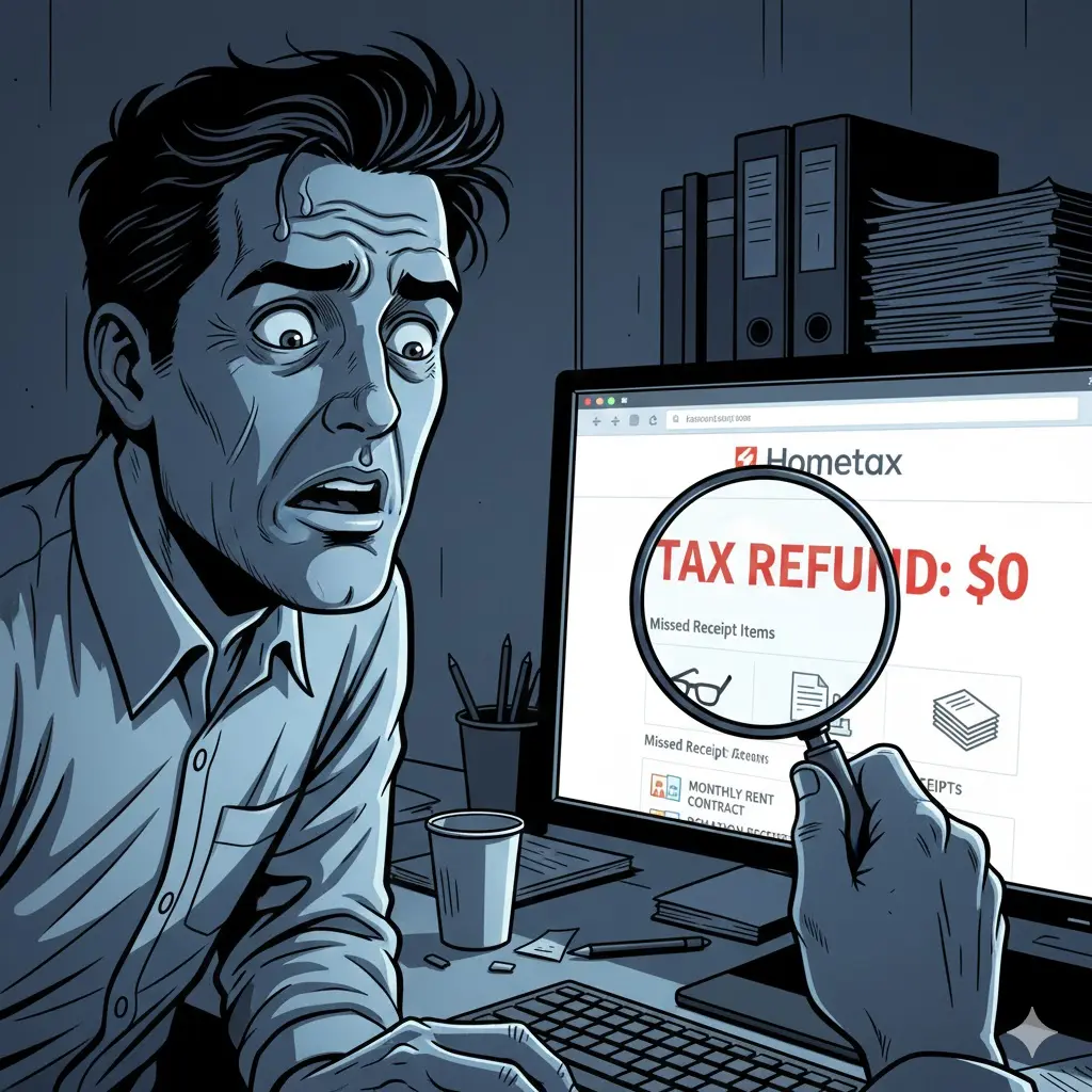 홈택스 연말정산 간소화 서비스 환급금 0원 조회 화면과 누락된 영수증 찾기