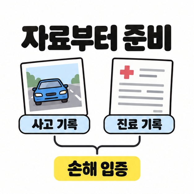 자동차 사진의 사고 기록과 병원 진료 기록이 연결선으로 모여 손해 입증에 이어지는 자료 준비 도식