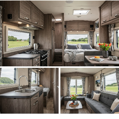 카라반 내부의 고급스러운 인테리어와 편의 시설을 강조한 이미지. 주방, 침실, 거실 등