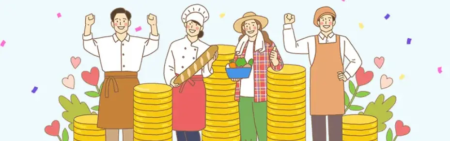 소상공인-
하늘색 바탕 위에서 파랑 분홍 꽃가루가 떨어지고 노란색 동전들이 쌓인 사이사이 주방장&#44; 빵만드는 사람&#44; 농민&#44; 커피집 사장들이 화이팅을 하며 서있는 모습