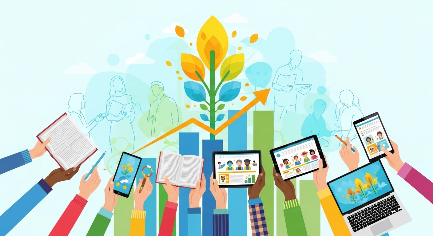 성인 문해교육 지원 확대를 시각화한 이미지. 다양한 손들이 책, 태블릿, 노트북 등 학습 도구를 잡으려 뻗어있고, 지원이 성장하고 있음을 나타내는 그래프가 보입니다. 포괄성과 접근성을 강조합니다.