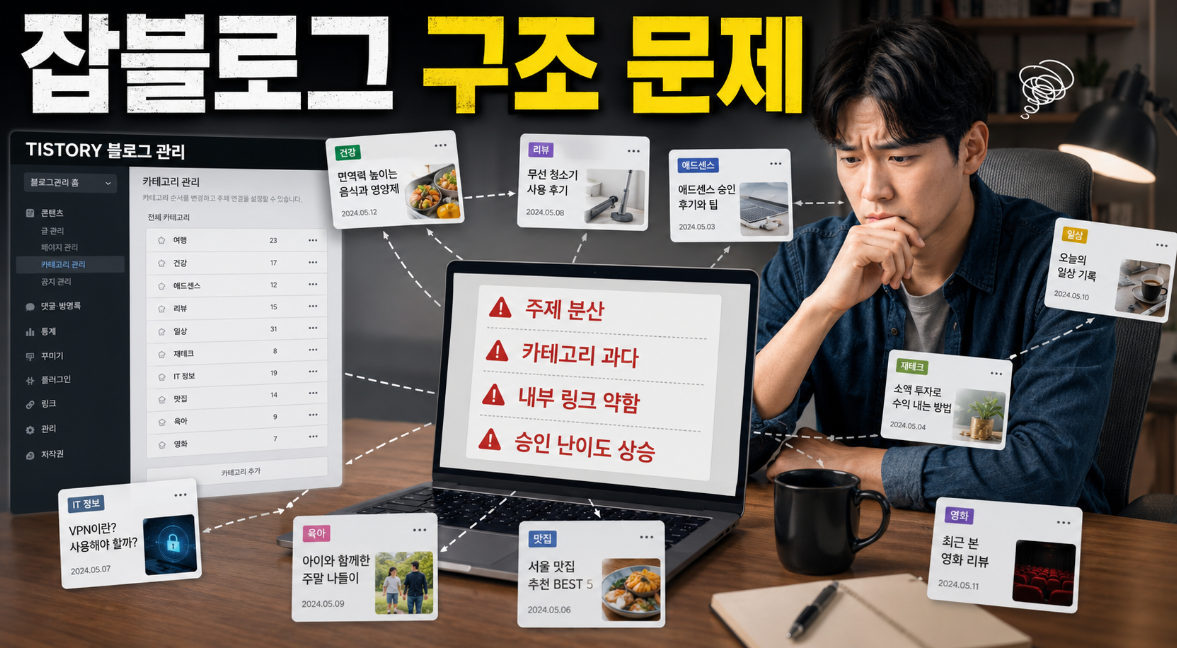 잡블로그에서 여러 주제가 흩어져 애드센스 승인 준비가 어려워지는 문제 상황 이미지