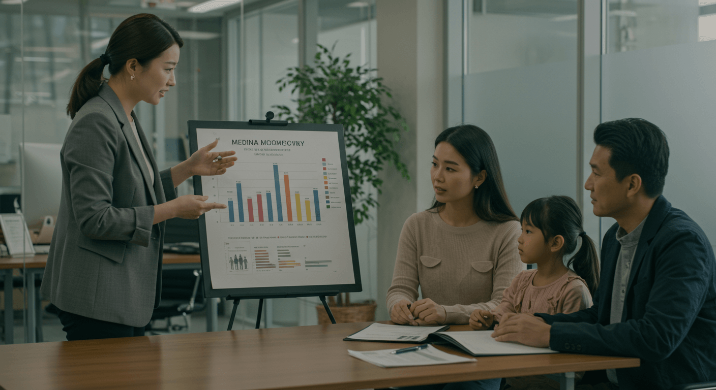 복지 담당자가 기준중위소득 표를 보며 수급 대상 조건을 설명하는 모습 3