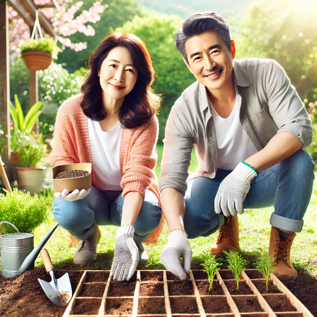 화사한-봄날-텃밭에-파종하는-부부