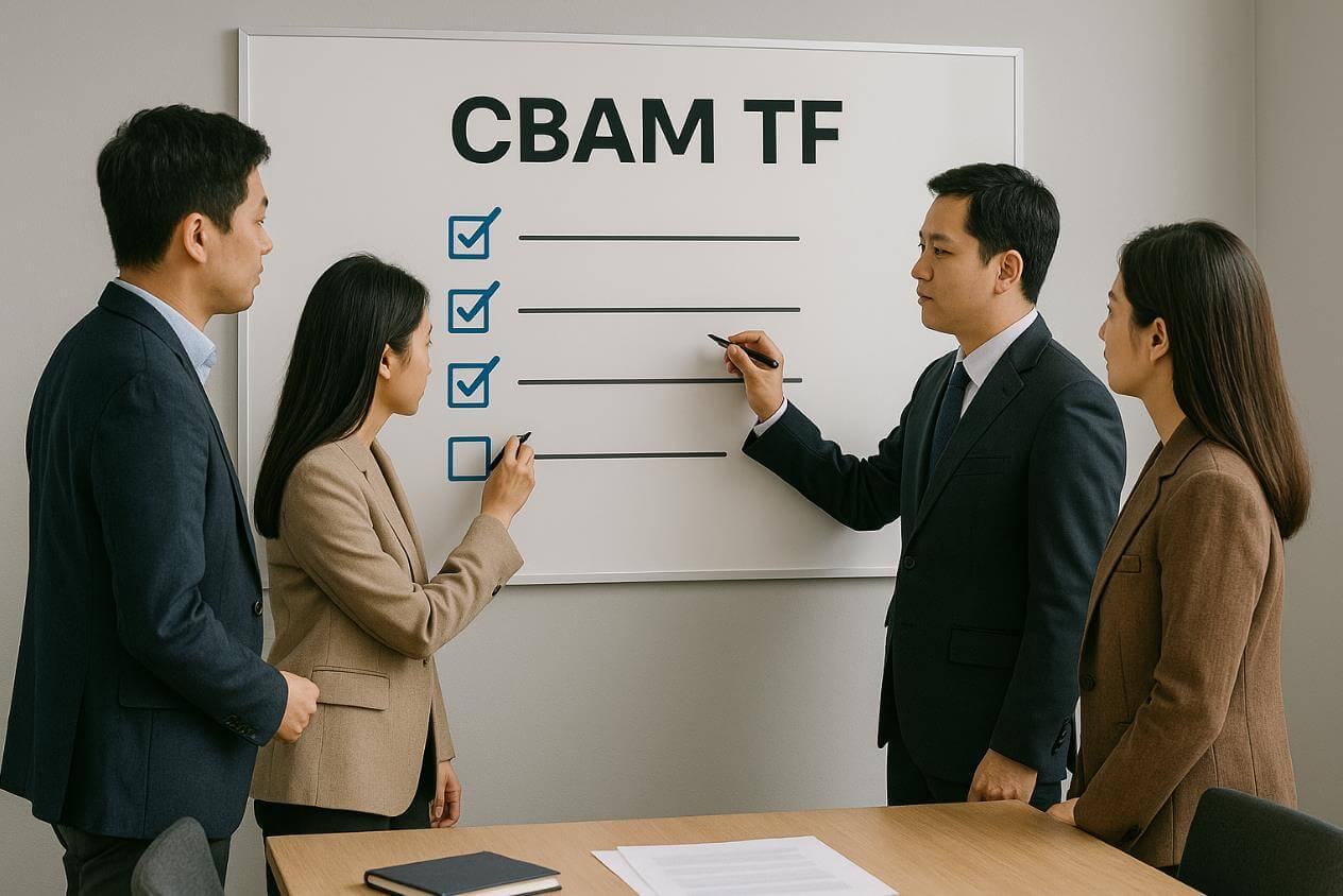 회의실에서 CBAM TF 체크리스트를 점검하는 직원들의 모습.