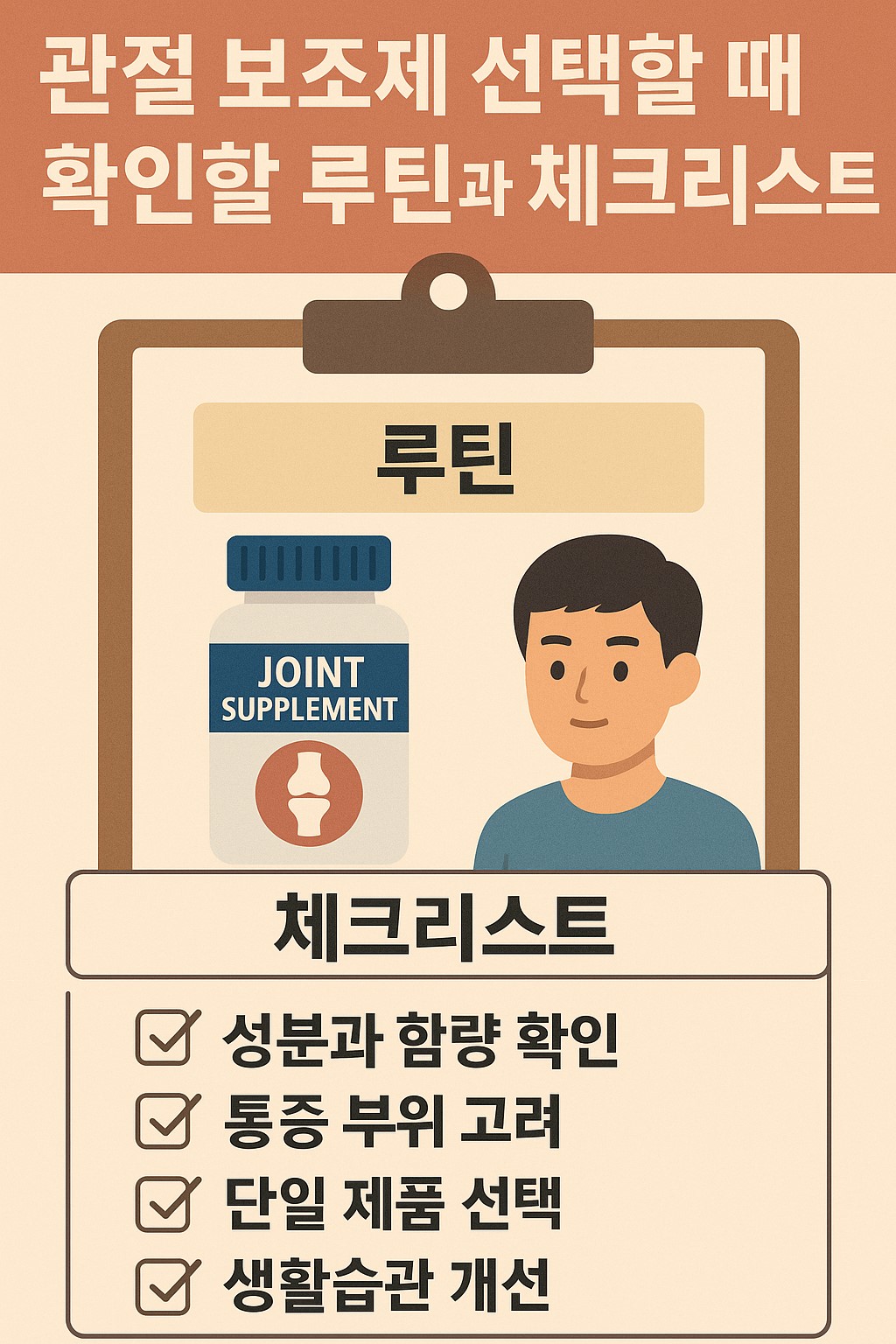관절 보조제를 선택할 때 확인해야 할 루틴과 체크리스트를 정리한 인포그래픽