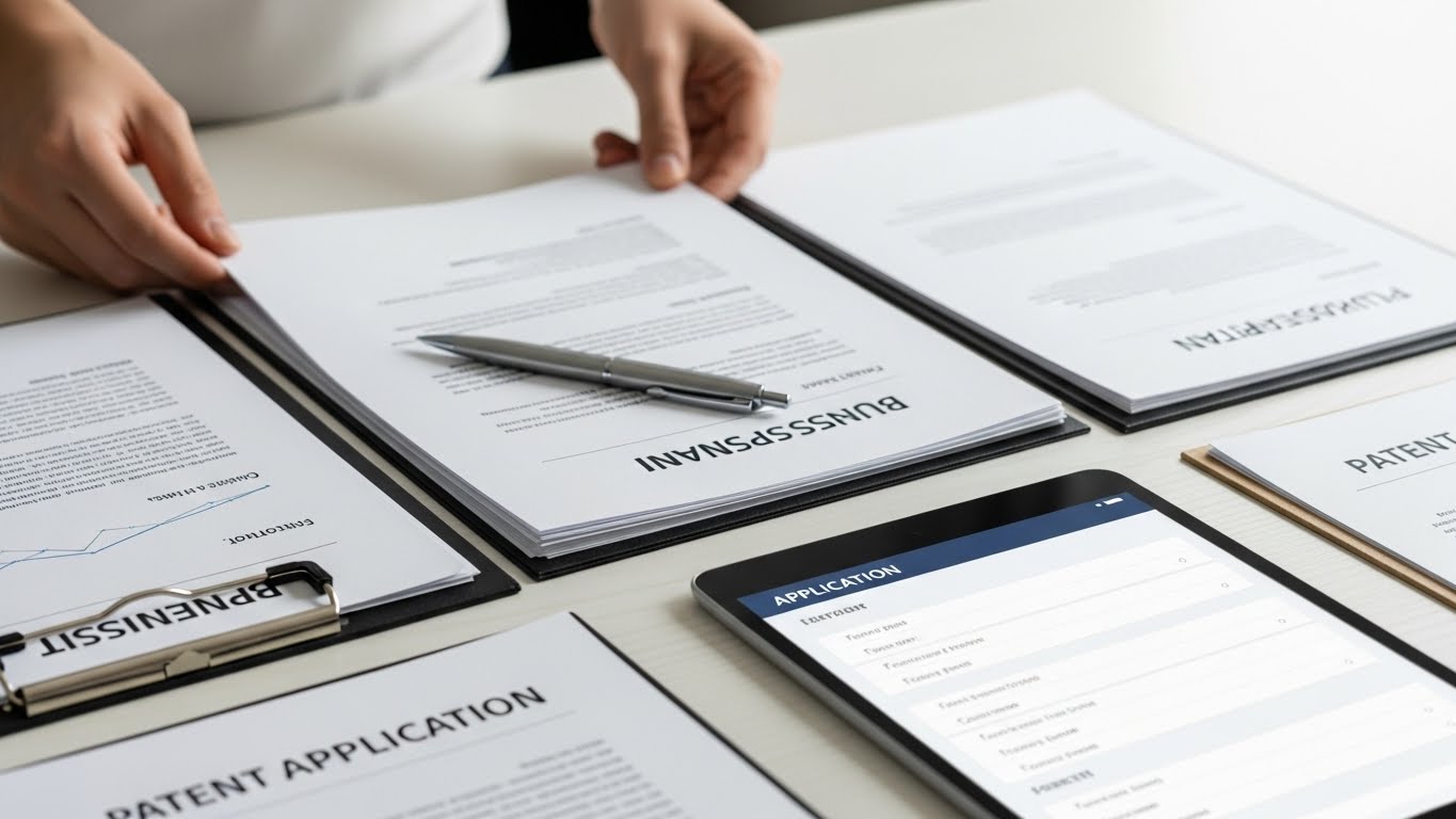 중소기업 정책자금 신청을 위한 사업계획서와 증빙 서류들을 꼼꼼하게 정리하는 모습