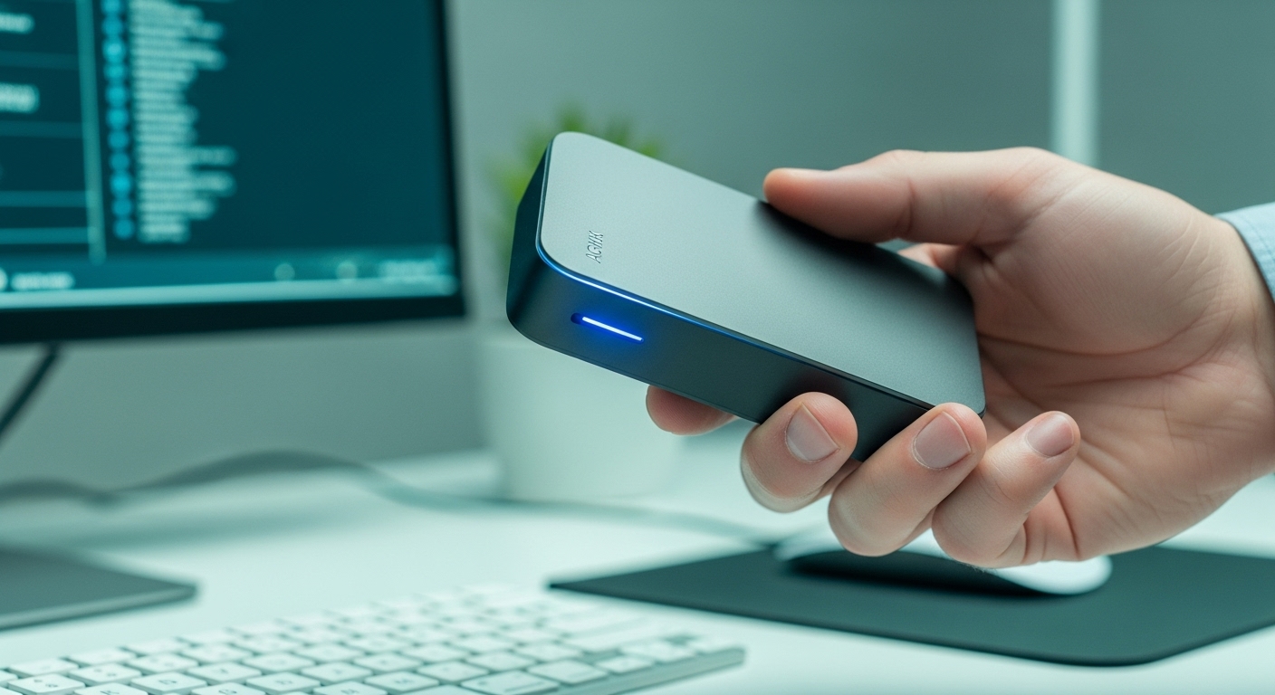 중요한 데이터를 백업하기 위해 USB 드라이브를 들고 있는 손.