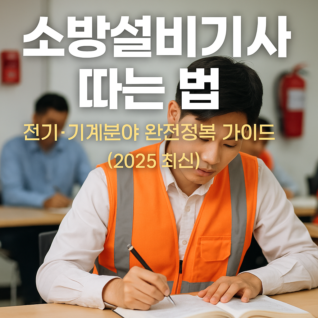 소방설비기사 시험 준비 중인 남성 수험생과 가이드 텍스트