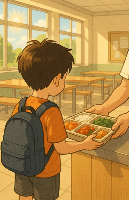 여름방학 도시락을 받는 아이와 따뜻한 급식 장면