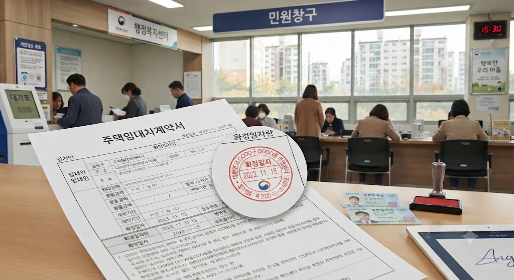 주민센터에서 확정일자 받는 모습