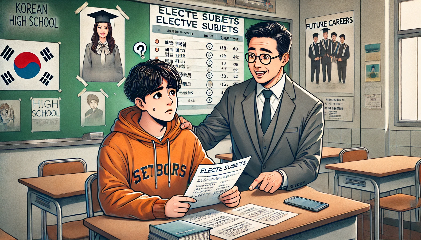 고등학생이 선택 과목을 고민하며 교사와 상담하는 장면