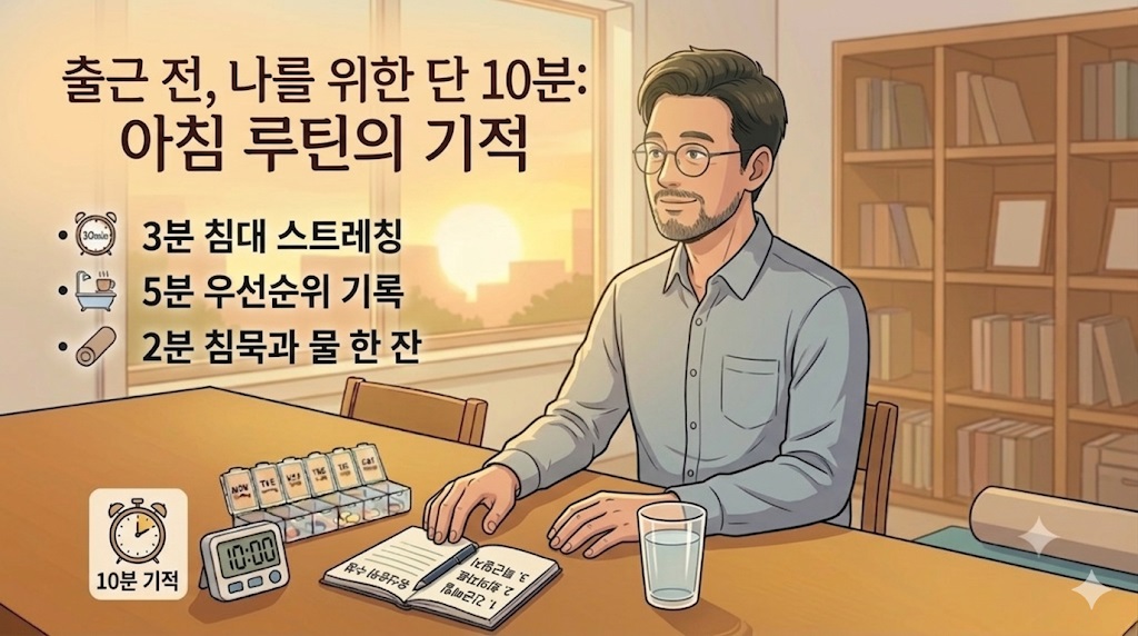 아침 햇살을 받으며 작은 수첩에 하루 일과를 정리하는 40대 직장인