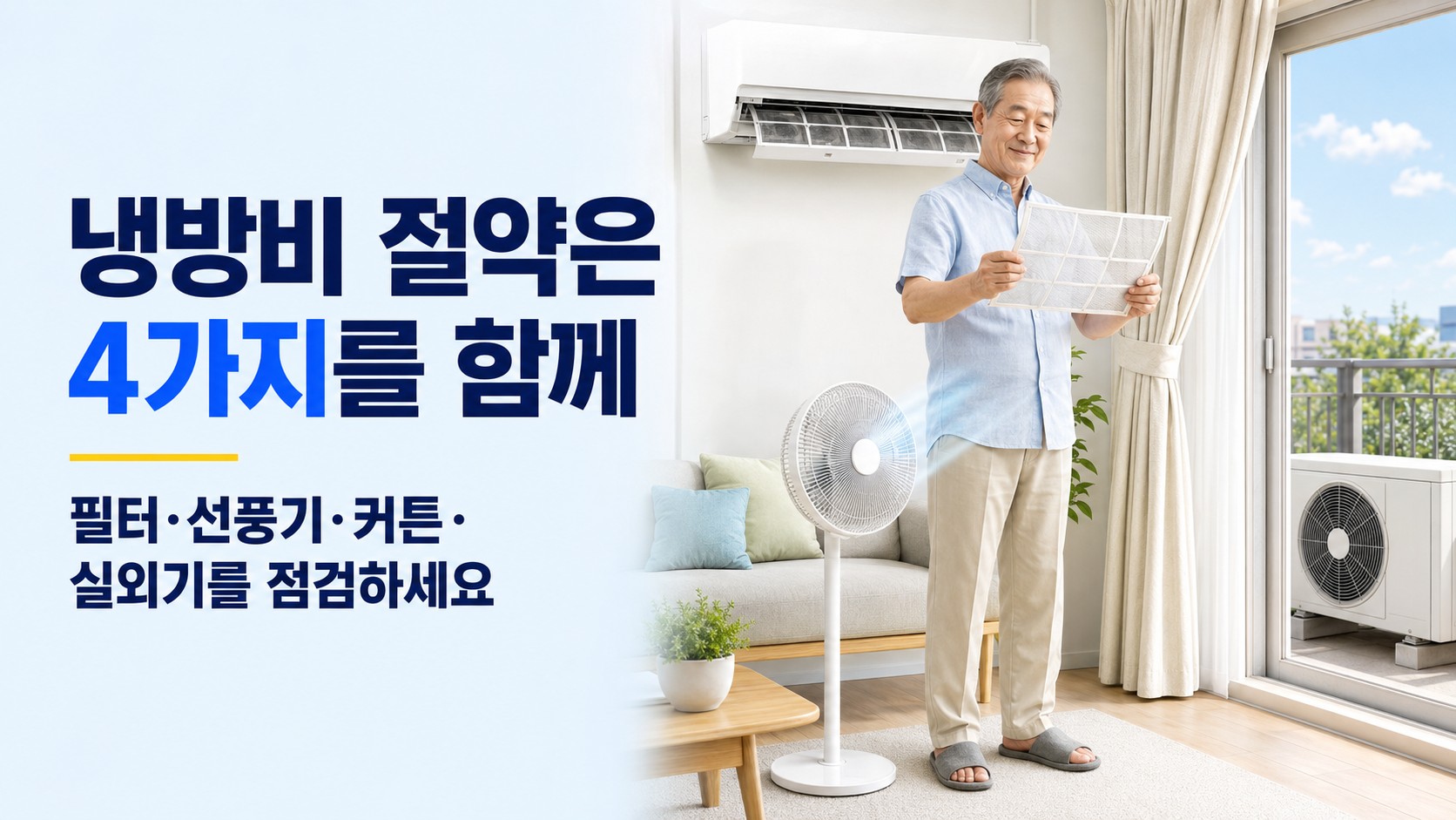 에어컨 필터와 선풍기, 커튼, 실외기 주변을 점검하며 냉방비 절약표를 확인하는 한국인 시니어 남성
