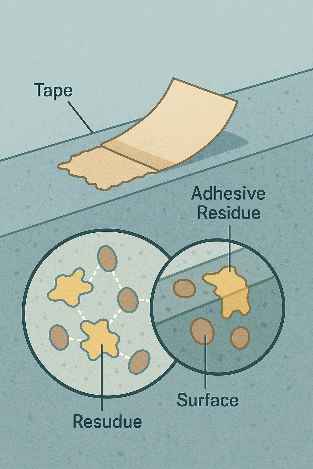 벽면이나-표면에서-테이프를-떼어낼-때-접착제의-분자가-표면에-남아-끈적임과-얼룩을-유발하는-화학적-원리를-시각적으로-표현한-과학-일러스트