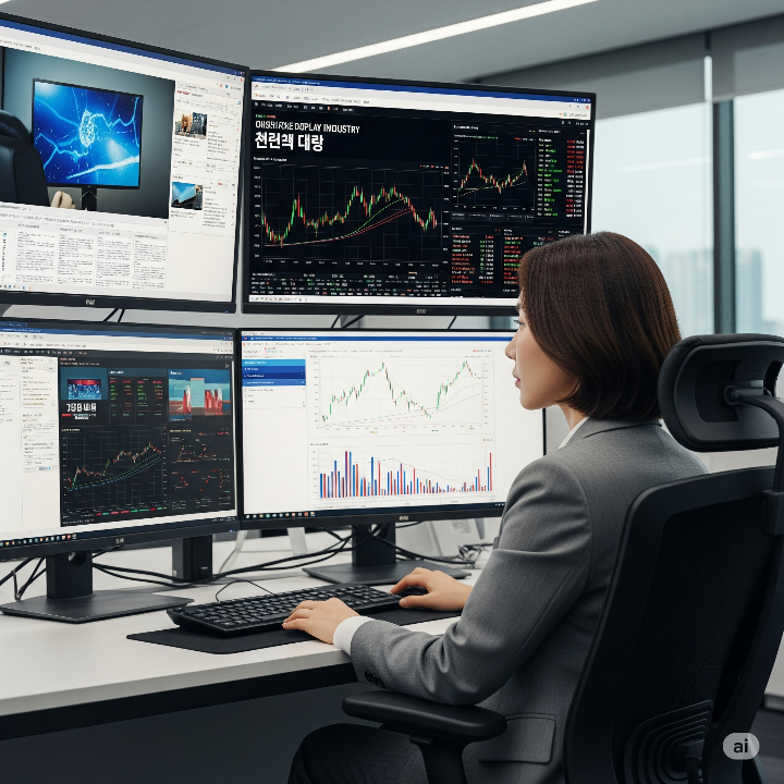 한국인 투자자가 디스플레이 산업 관련 뉴스 및 주식 차트를 살펴보는 모습