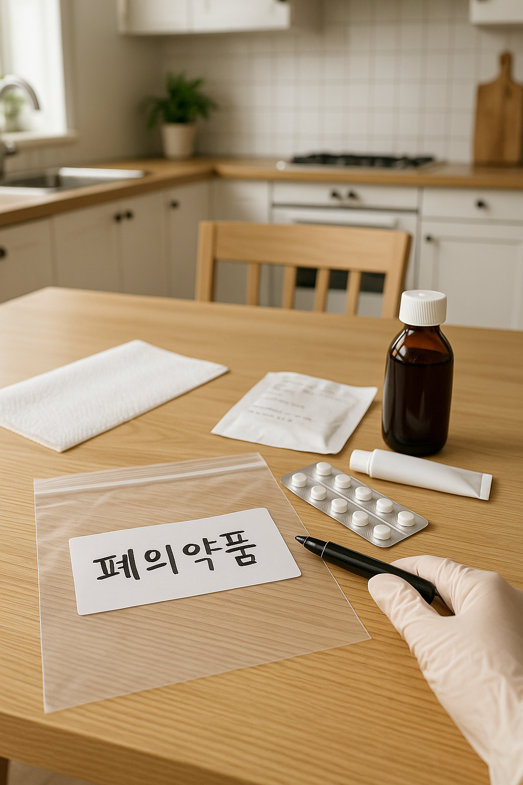 “지퍼백에 ‘폐의약품’ 표기 후 약을 담아 밀봉 준비하는 장면(PTP·시럽·연고 포함)”