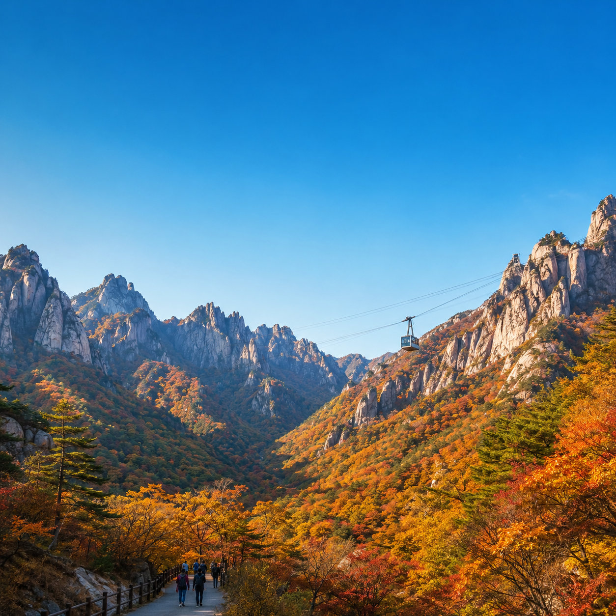 붉고 노란 단풍으로 물든 설악산과 권금성 케이블카 풍경