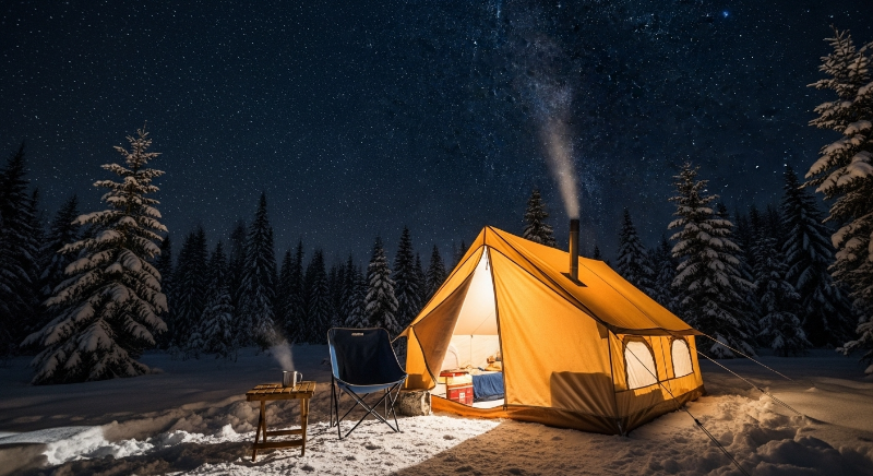눈 덮인 숲속 고요한 밤, 따뜻한 불빛이 새어 나오는 베이지색 텐트와 별이 가득한 겨울 캠핑장의 감성적인 풍경