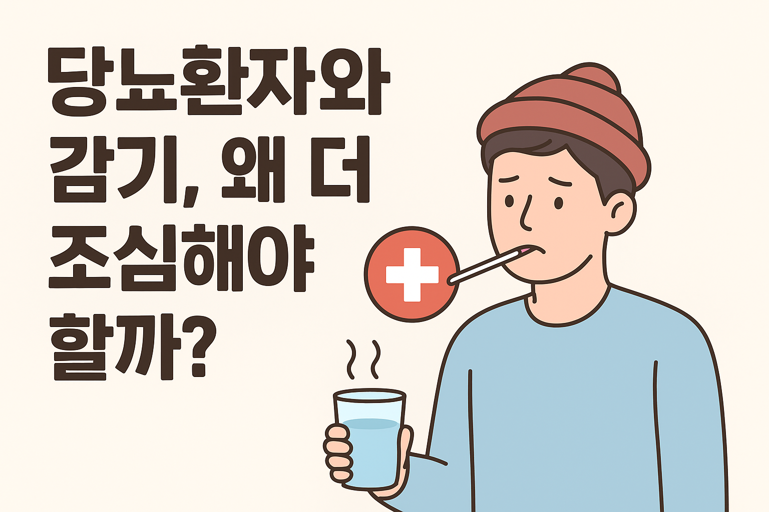 당뇨환자와 감기, 왜 더 조심해야 할까?’라는 문구와 함께, 털모자를 쓰고 체온계를 물고 걱정스러운 표정을 짓고 있는 남성이 컵에 든 따뜻한 물을 들고 있는 그림. 옆에는 붉은색 의료 십자 아이콘이 함께 배치되어 있음.