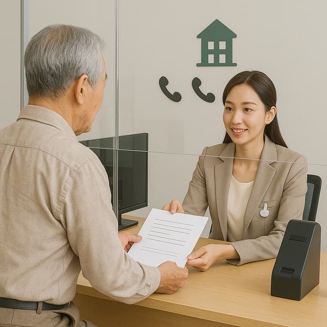 행정복지센터 창구에서 70대 남성이 기초연금 신청 서류를 제출하고 직원이 안내하는 장면 이미지