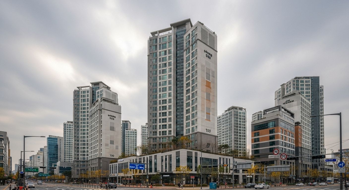 서울 강남 고층 아파트 단지를 구름 낀 하늘 아래에서 촬영한 장면