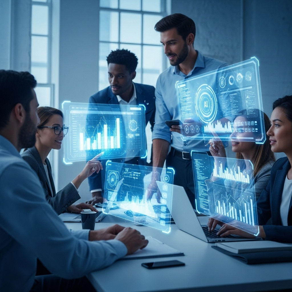 2025년 미래형 오피스에서 AI 기반 협업 툴을 활용하여 효율적으로 업무하는 전문가 팀의 모습