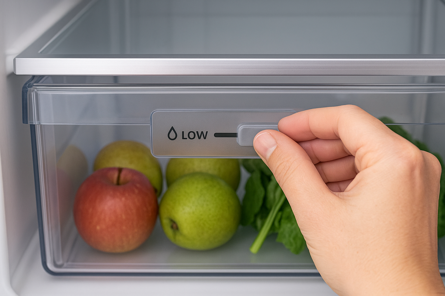 냉장고 채소 서랍의 저습·고습 슬라이더를 조절하는 손의 근접 사진