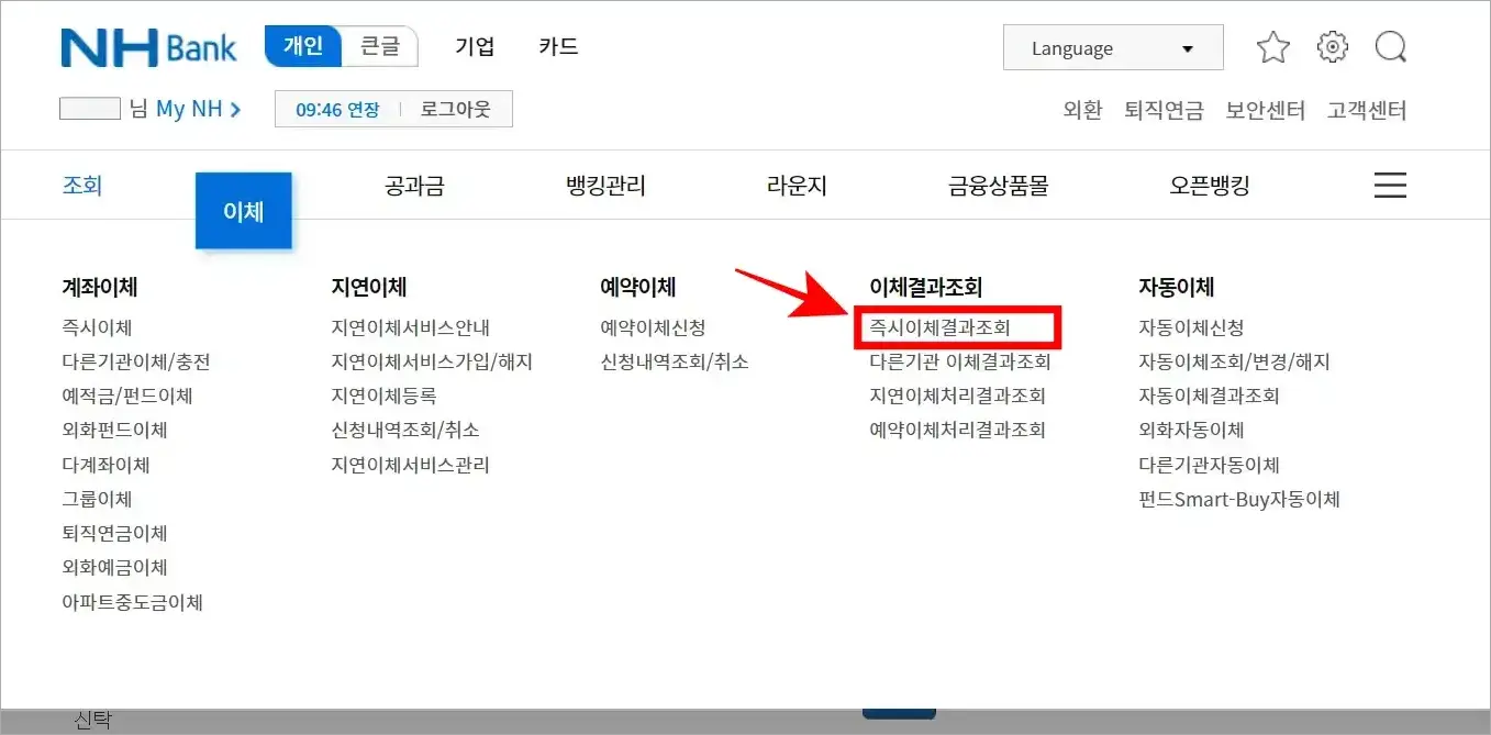 메뉴 중 이체 메뉴의 '즉시이체결과조회'를 선택