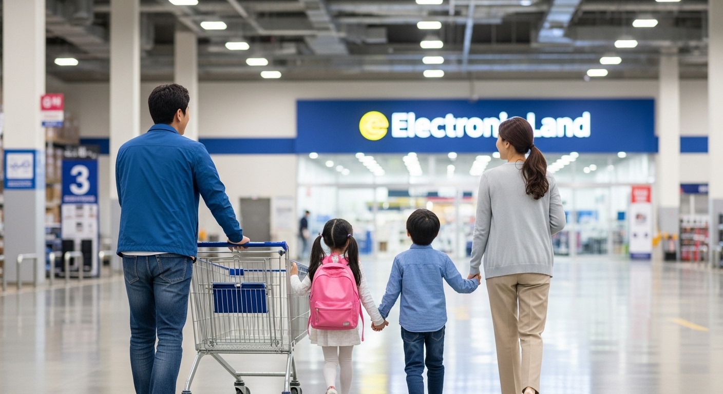 전자랜드-내부-주차장에서-카트를-끌고-매장으로-향하는-한국인-가족