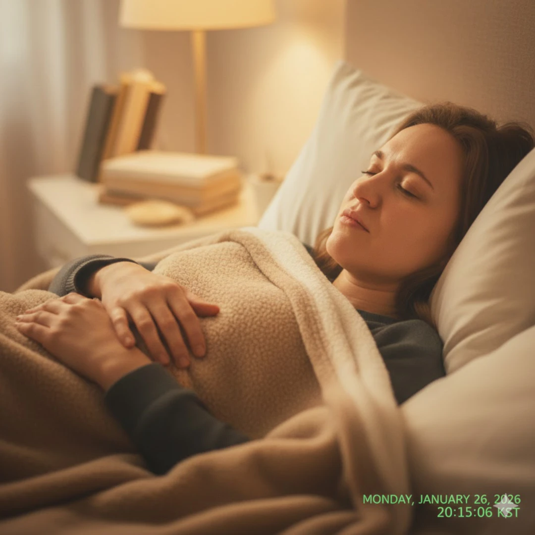 편안하게 침대에 누워 눈을 감고 휴식을 취하는 사람의 모습&amp;#44; 혹은 따뜻한 담요를 덮고 평화롭게 잠든 모습을 그립니다. 부드러운 조명과 아늑한 공간 연출로 안정감 있는 회복 과정을 표현합니다. 
