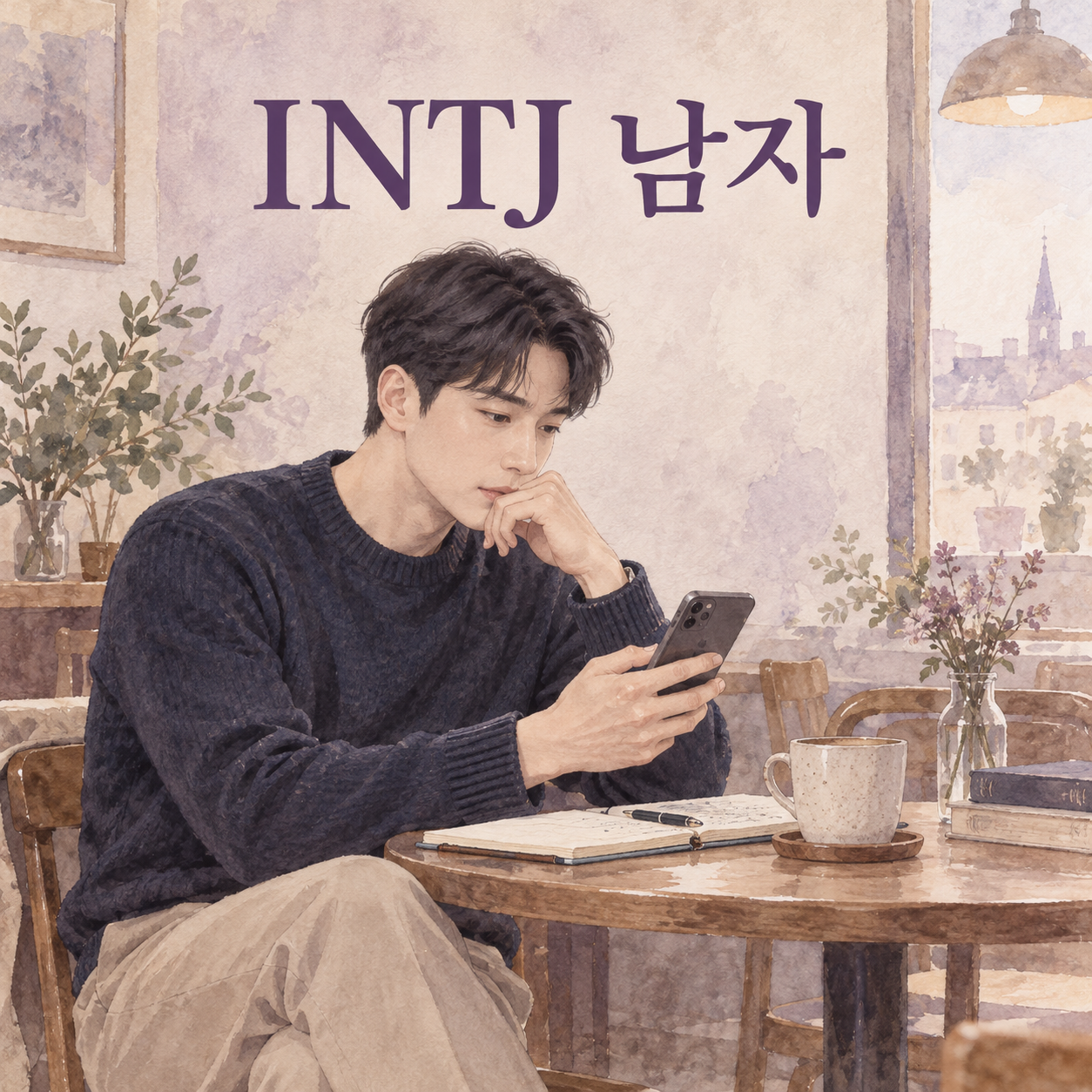 INTJ 남자라는 문구와 휴대폰을 보는 민준의 일러스트
