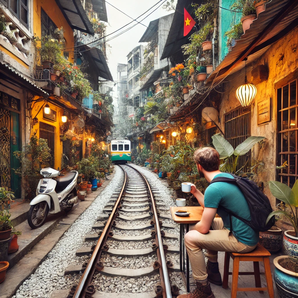 기찻길 옆 테이블에 앉아 커피를 즐기는 하노이 기찻길 카페의 모습