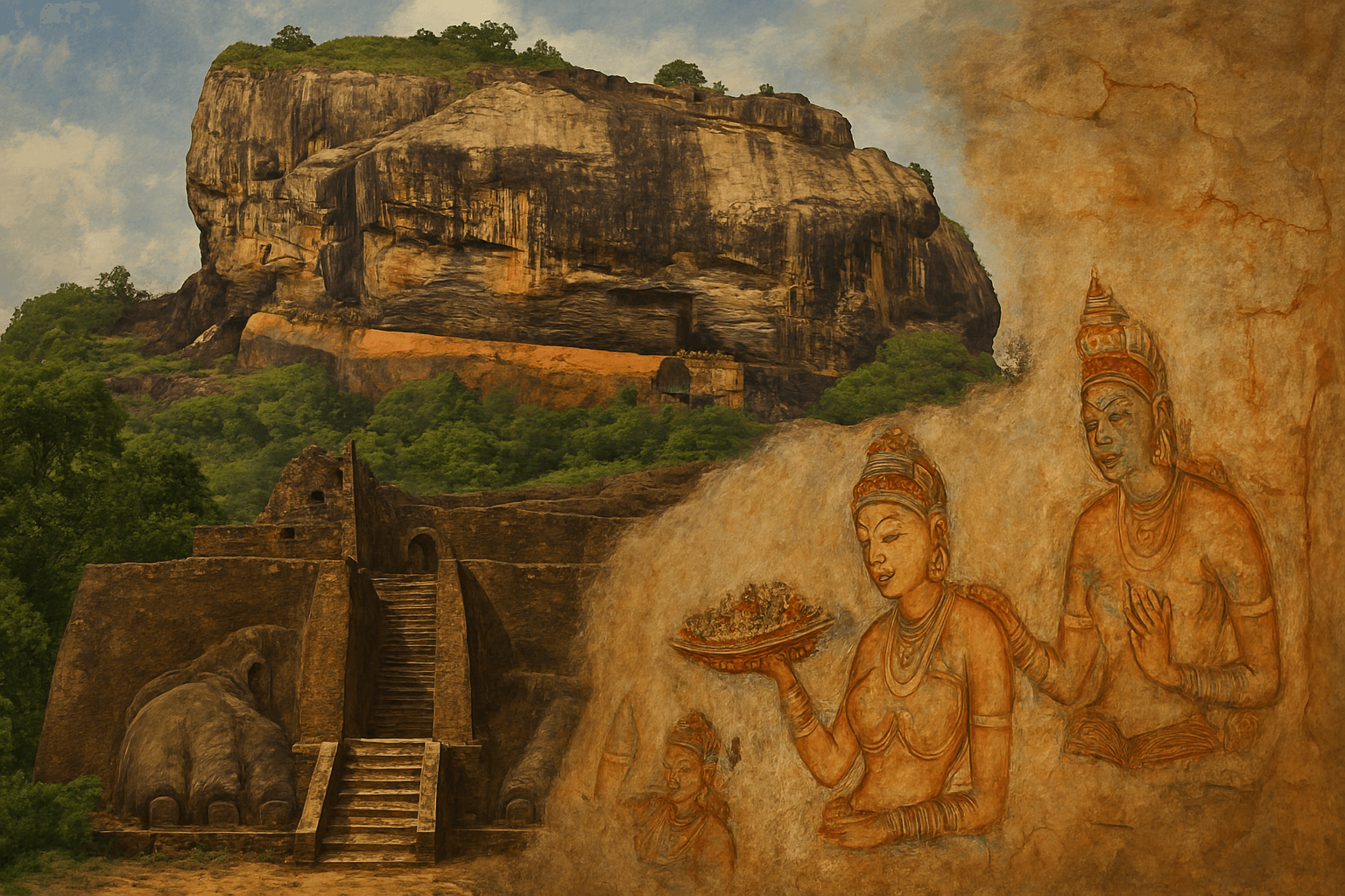 푸른 숲 위로 솟아오른 거대한 바위 요새 시기리야와, 그 벽면에 섬세하게 그려진 고대 여인들의 프레스코 벽화. 스리랑카 고대 왕국의 예술성과 역사를 보여준다.