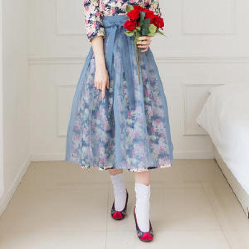 회색 노방 덧치마 생활한복 허리치마 시스루