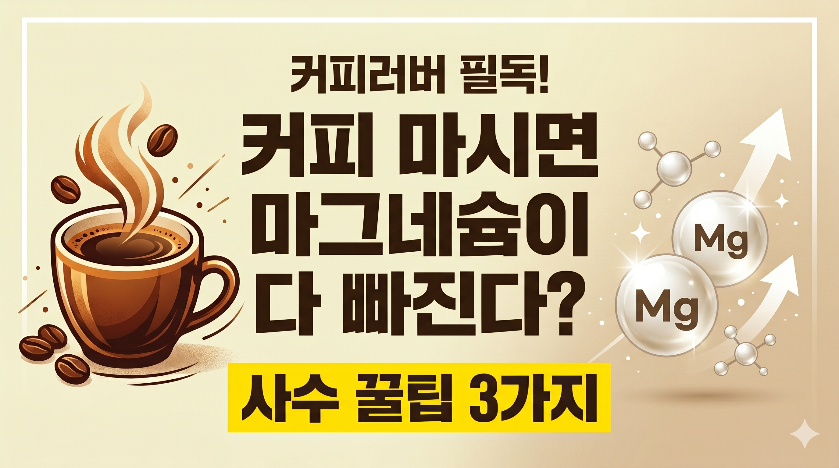 A flat lay photo of a cup of coffee and magnesium supplements with text overlay / 커피와 마그네슘 영양제 섭취 궁합에 관한 썸네일 이미지