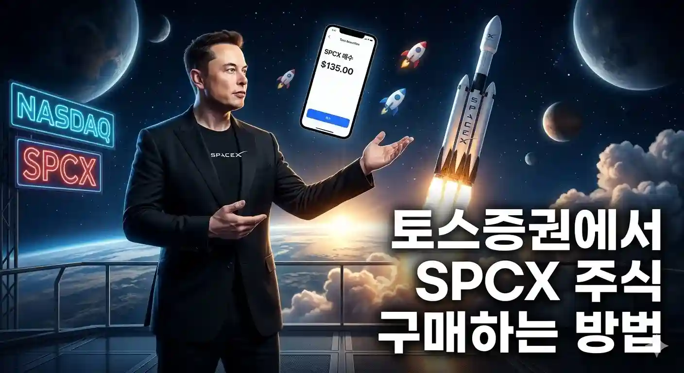 우주 공간과 일론 머스크, 스페이스X 로켓 발사 배경 이미지 우측에 '토스증권에서 SPCX 주식 구매하는 방법'이라는 문구가 크고 선명한 흰색 글씨로 적혀 있는 블로그 메인 썸네일 이미지. 왼쪽에는 스마트폰 토스증권 앱 화면에 스페이스X 매수 가격 135달러가 표시
