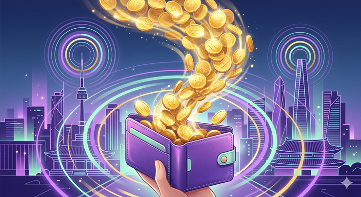 전기요금 지원금이 현금이나 지역화폐로 환급되는 혜택을 시각화한 디지털 아트