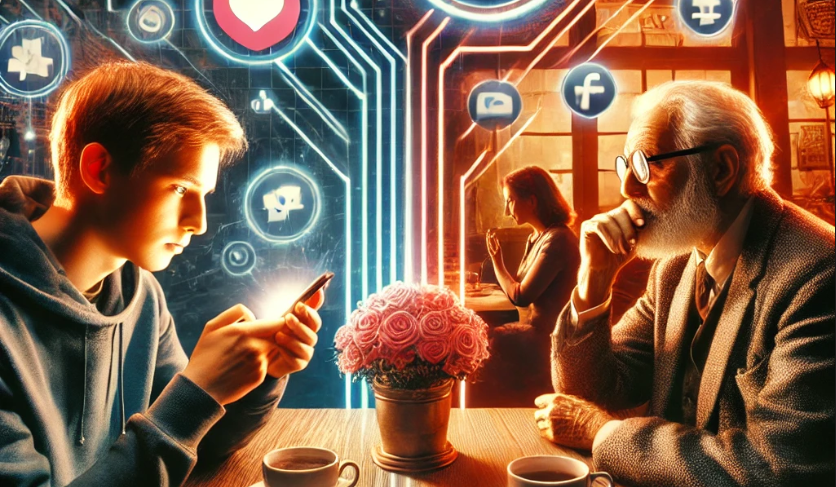 아날로그 세대는 디지털세대를 바라보고 있고 디지테세대는 휴대폰만 바라보고 있다