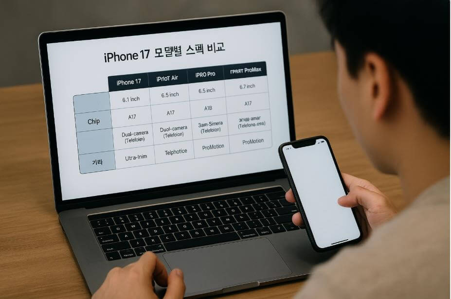 노트북 화면의 아이폰 17 모델별 스펙 비교표 확인 장면