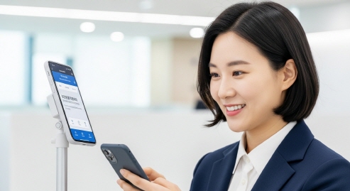 전자서명으로 서류를 확인하는 모습&amp;#44; 밝은 한국인 표정