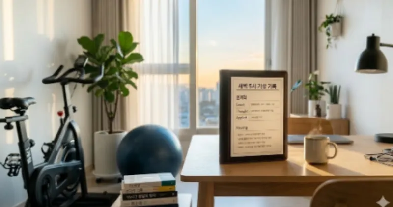 정돈된 홈 오피스 책상 위 바인더와 실내 자전거를 활용한 뇌 최적화 생산성 루틴 가이드 사진 (A photo of a home office productivity manual with a binder and indoor bike on a clean desk)