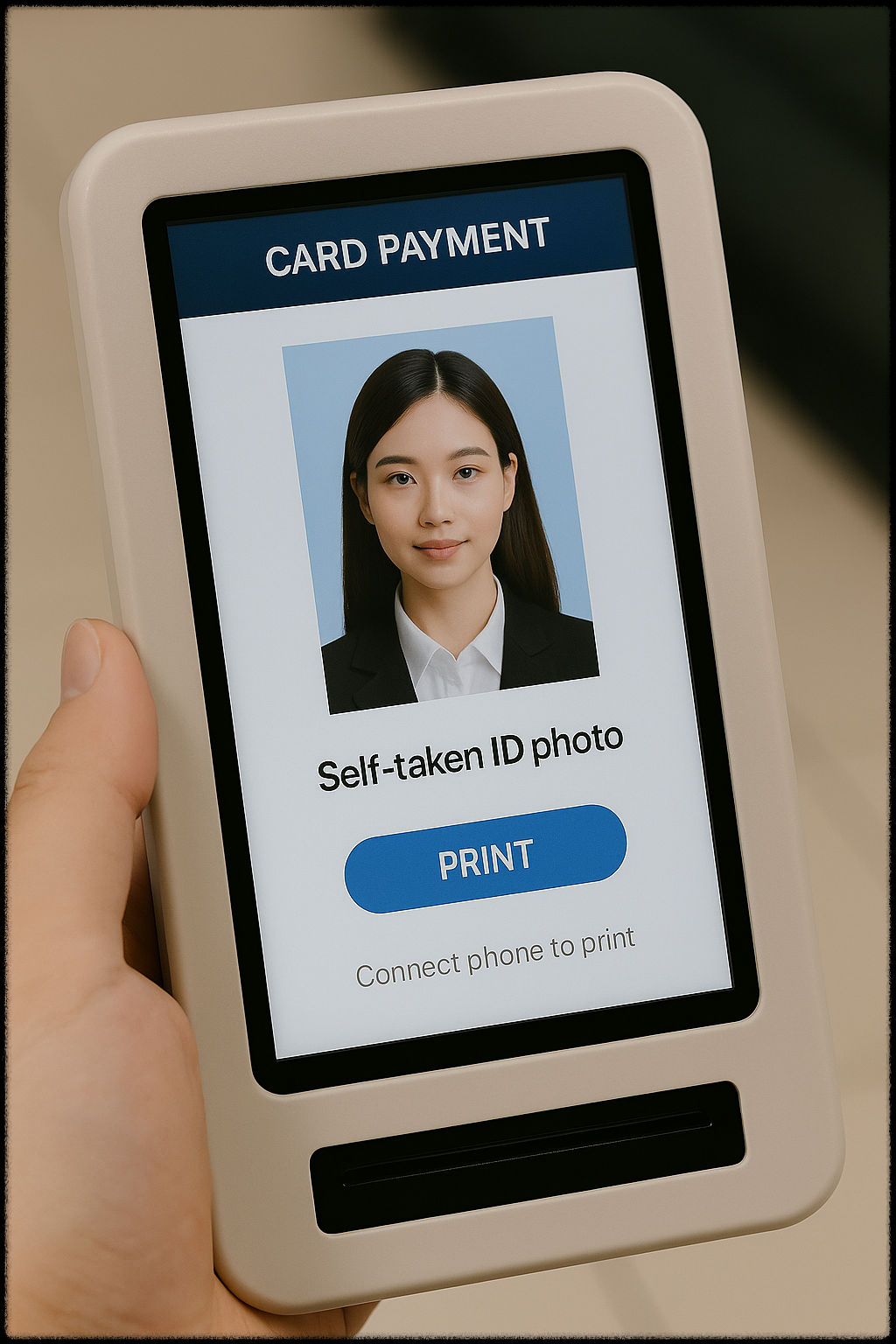스마트폰으로 증명사진 인쇄를 준비하는 장면