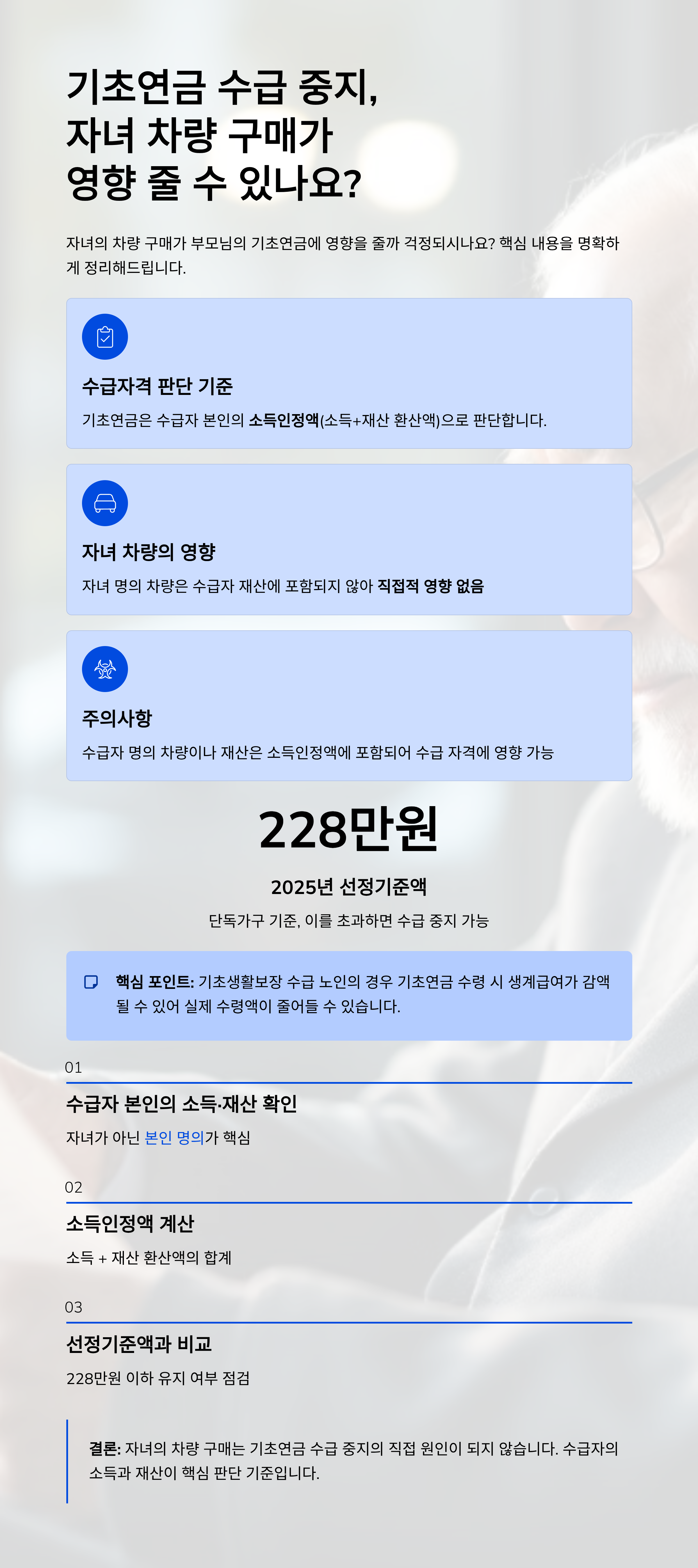 기초연금 수급 중지, 자녀 차량 구매가 영향 줄 수 있나요?