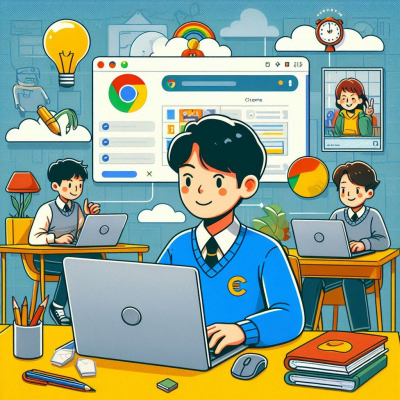 교실에서 학생들이 크롬을 활용해 수업을 듣는 장면.