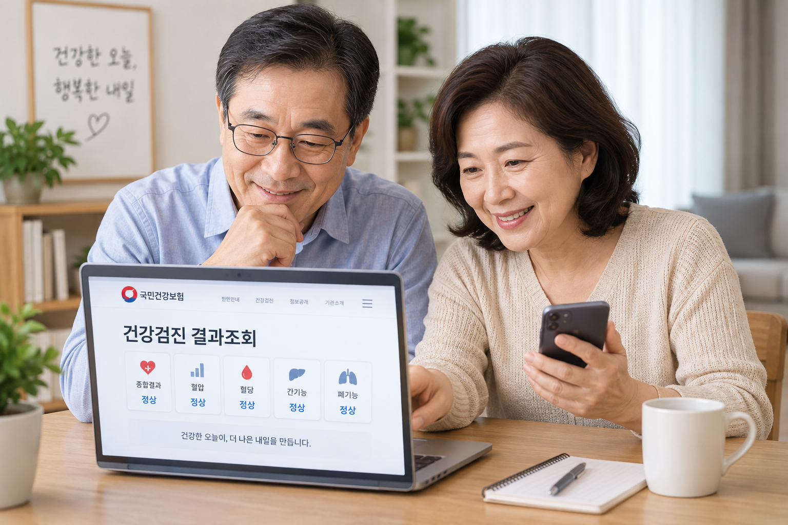 건강검진을 받은 뒤 스마트폰이나 노트북으로 결과를 확인하는 중장년층