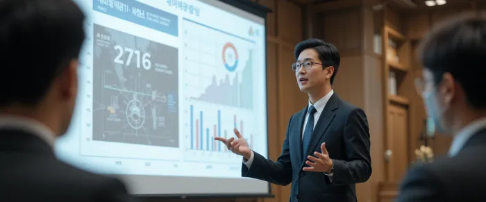 프레젠테이션 중인 정장 차림 남성