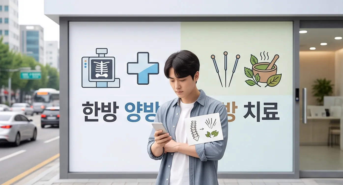 병원 건물 앞에서 한방·양방 통합 치료 안내판을 배경으로 남성이 스마트폰과 안내 스케치북을 들고 있는 모습