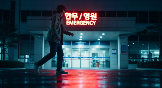 밤 시간 응급실 입구 쪽으로 급히 걸어가는 한국인 환자 실루엣
